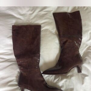 Amazon Dark Brown Croc-Embossed Heeled Boots